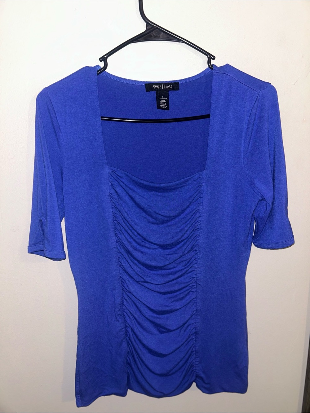 White House Black Market Royal Blue Ruched Square Neck Short Sleeve Top